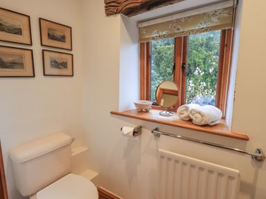 A bathroom with a toilet under framed pictures a window with towels a small mirror and a radiator at Hannakin Barn in Hawkshead