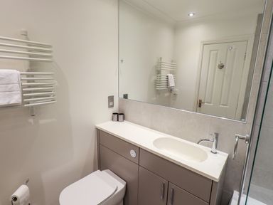 A bathroom with a toilet a sink cabinet a large mirror and a towel rack at Fairview in Bowness