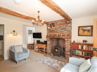 A living room with a brick fireplace wood burning stove two armchairs a bookshelf and a television at Hodge How Cottage in Windermere