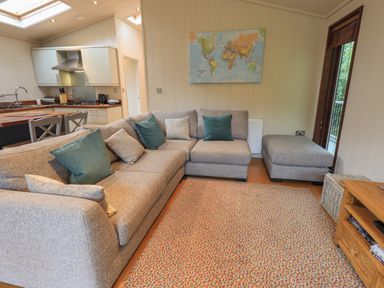 A living room with a gray sectional sofa cushions a colorful rug and a kitchen area at Beck of Beyond in Ambleside