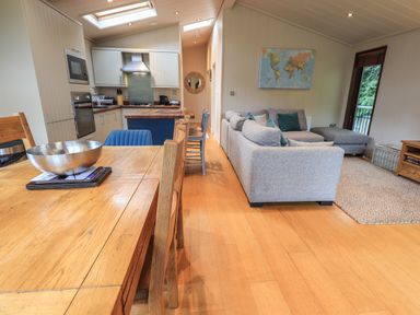 An open plan room with a wooden dining table and chairs kitchen appliances and a gray sofa with cushions at Beck of Beyond in Ambleside