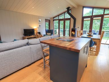 An open living and dining area with a gray sofa wooden dining table wooden kitchen island and a wood burning stove at Beck of Beyond in Ambleside