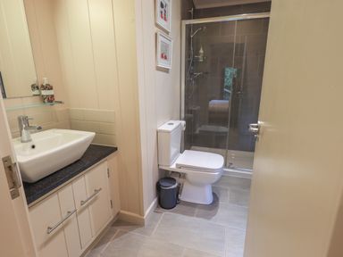 A bathroom with a sink on a black countertop a white toilet and a glass enclosed shower at Beck of Beyond in Ambleside