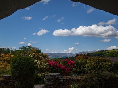 A garden with bushes and flowers under a blue sky with clouds at Old Droomer in Windermere