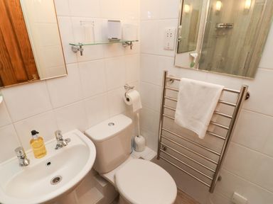A bathroom with a toilet, sink with soap dispenser, glass shelf with glass and tissue, towel rail with towel at Kirkstones Keswick