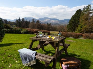 A wooden picnic table with drinks and fruit on grass with mountains and trees in the background at Tethera in Keswick