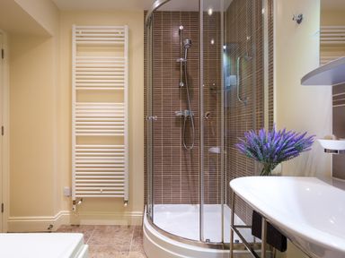 A bathroom with a shower enclosure, white sink, towel radiator, and a plant with purple flowers at Tethera in Keswick