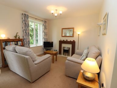 A living room with two sofas a wooden coffee table a fireplace a television and a bookshelf at Tethera in Keswick