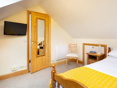 A bedroom with a bed covered in white and yellow bedding a wooden chair a bedside table with a lamp and radio a wall-mounted television and a wooden door with a mirror at Lingmoor View in Chapel Stile