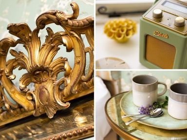 A collage showing a carved gold decorative piece a green vintage radio and a table with two cups spoons and a plate with flowers at High Cunsey Farm in Far Sawrey