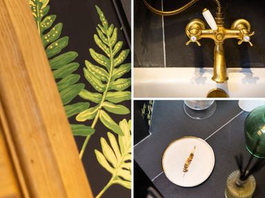 A collage showing a close up of green fern leaves on a black background a gold faucet over a white sink and a small white plate with a fern design on a dark countertop at High Cunsey Farm in Far Sawrey