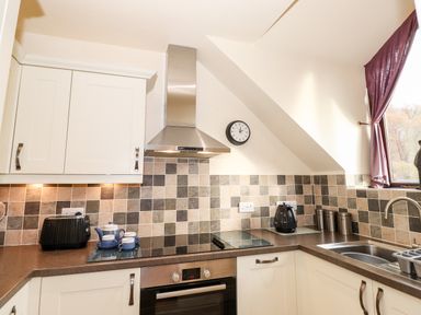 A kitchen with white cabinets a tiled backsplash a stove an oven a toaster a kettle a sink and a window with a purple curtain at Squirrel Bank in Ambleside