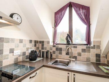 A kitchen corner with a sink stove kettle canisters and a window with purple curtains and a rabbit sculpture at Squirrel Bank in Ambleside
