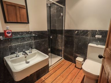 A bathroom with a sink mirror and soap dispenser a shower with glass door a toilet and a trash bin at Fairy Glen Grasmere near Ambleside