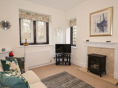 A living room with a sofa with floral cushions a rug a TV on a stand a fireplace and windows with floral blinds at Larch Cottage in Hawkshead