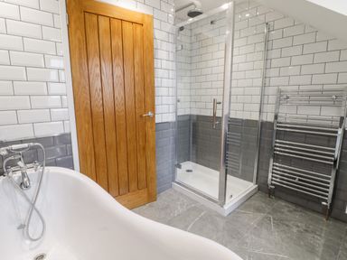 A bathroom with a freestanding bathtub a wooden door a glass shower enclosure and a chrome towel radiator at Meadow View Tyn-y-Gongl near Benllech