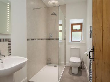 A bathroom with a shower area sink toilet window and wooden door at Robins Nest in Coniston