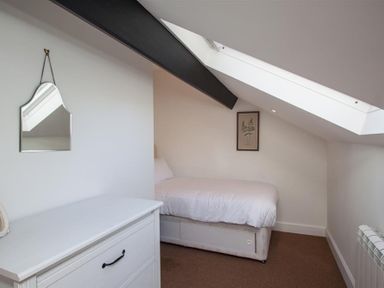 A small bedroom with a single bed under a skylight and a white dresser with a mirror on the wall at Robins Nest in Coniston