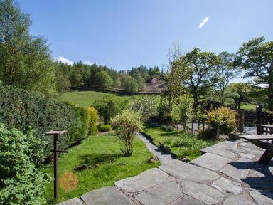 A garden with stone paving a pathway and trees at Robins Nest in Coniston