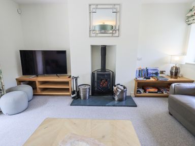 A living room with a television and wood stove at No 7 Ambleside