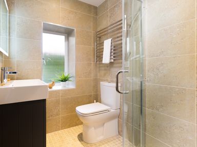 A bathroom with a toilet sink window with a plant and a glass shower door at The Hayloft in Ambleside