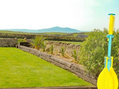 A garden with a stone wall and plants with a view of green fields and a mountain in the background at Bryn Mor in Church Bay