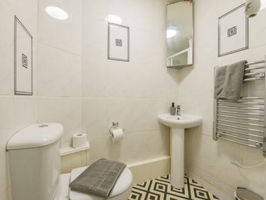 A bathroom with a toilet a pedestal sink a towel radiator and geometric patterned floor tiles at SoundView in Down Thomas