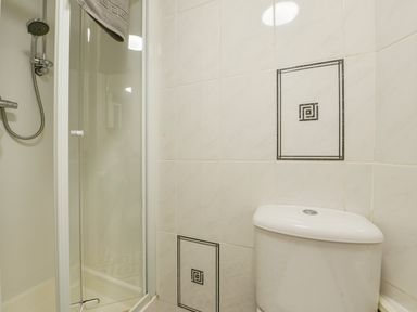 A bathroom with a shower enclosure and a toilet at SoundView in Down Thomas