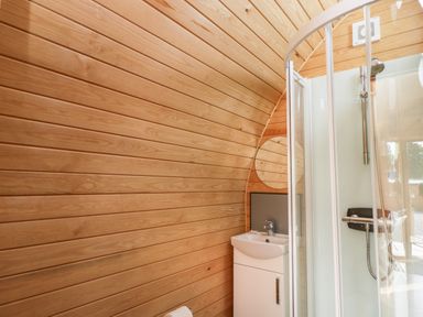 A bathroom with wooden walls a shower cubicle a sink with a mirror and a toilet paper holder at Halmore Pod Halmore near Berkeley