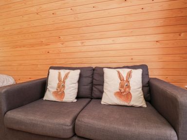 A gray sofa with two cushions featuring rabbit illustrations against a wooden plank wall at Halmore Pod Halmore near Berkeley