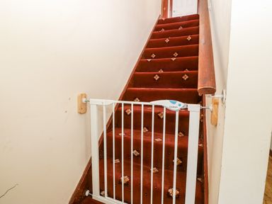 A staircase with a patterned red carpet and a white safety gate at Rhiangwyn Cottage in Llanrhyddlad near Cemaes Bay