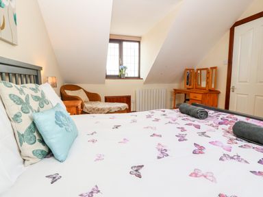 A bedroom with a bed with butterfly patterned bedding a wicker chair and a wooden vanity table at Rhiangwyn Cottage in Llanrhyddlad near Cemaes Bay