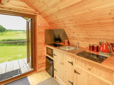 A kitchen area with a sink stove kettle and canisters in a wooden cabin at Oak View in Llandovery