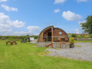 A wooden pod cabin with outdoor chairs a picnic table and a hot tub on a grassy area at Oak View in Llandovery