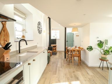 A kitchen and dining area with a countertop sink wooden dining table chairs and a potted plant at Wensum Spring in Horningtoft near Fakenham