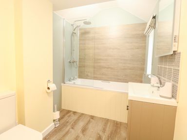 A bathroom with a bathtub and shower screen a toilet and a sink with a mirror at Wensum Spring Horningtoft near Fakenham