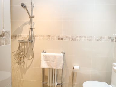 A bathroom with a shower head a towel rack with a white towel and a toilet with toilet paper at The Lodge in Wroxham