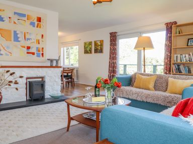 A living room with blue sofas a glass coffee table and a white stone fireplace at Goldcrest in Newport Pembrokeshire