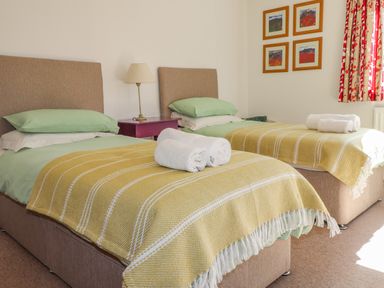 A bedroom with two single beds green bedding yellow blankets and a red nightstand at Goldcrest Newport Pembrokeshire