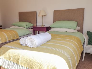 A bedroom with two single beds green pillows yellow blankets a bedside table with a lamp and a white chair at Goldcrest in Newport Pembrokeshire