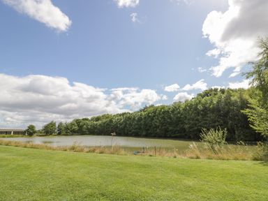 A pond surrounded by trees and grass under a partly cloudy sky at The Croft in Leigh Sinton