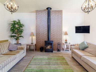 A living room with two sofas a wood stove fireplace green area rug and wall mounted television at The Croft in Leigh Sinton
