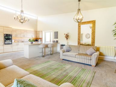 An open plan kitchen and living room with striped sofas green striped rug and wooden cabinetry at The Croft in Leigh Sinton
