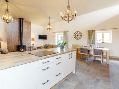 An open living space with a kitchen island, dining table, chairs, a fireplace, and a mounted TV at The Croft in Leigh Sinton