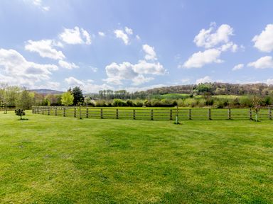 A large grassy field with a wooden fence and scattered small trees under a blue sky with clouds at The Croft in Leigh Sinton