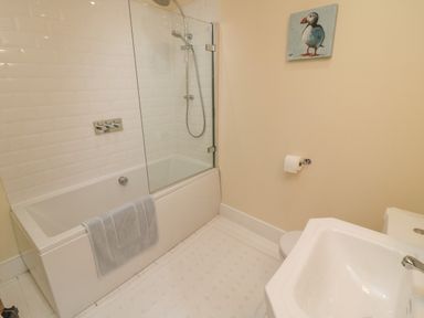 A bathroom with a bathtub shower combination a towel hanging on the tub a toilet paper holder a sink and a painting of a puffin on the wall at Fairfield Cottage in Boscastle