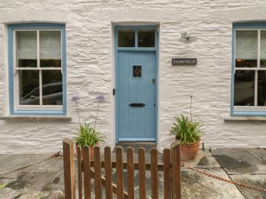 A blue door with two windows and flower pots on a stone patio at Fairfield Cottage in Boscastle