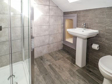 A bathroom with a shower cubicle pedestal sink toilet and a small wall cabinet with a mirror at Big Azzles in Tyn-y-Gongl near Benllech