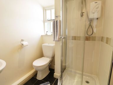 A bathroom with a toilet a shower cubicle and a window with a towel hanging at Menai Cottage in Brynsiencyn