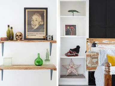 Wall shelves with a framed Albert Einstein poster skull bottles and glassware next to built in white shelves with roller skate star and fish sculpture in a bedroom at 1 Pringles Yard in Alnwick